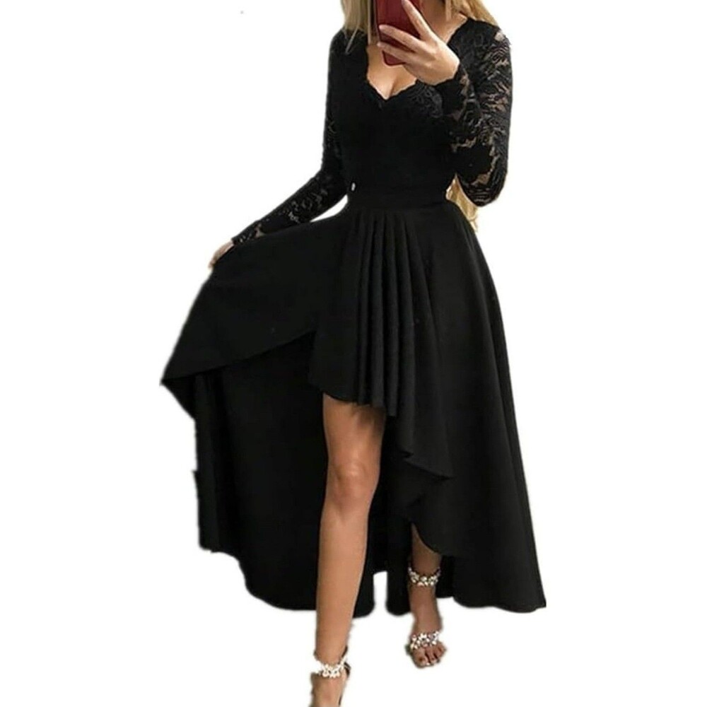 Women’s M V-Neck Lace LS High Low Cocktail Party Evening Dress Black Sexy